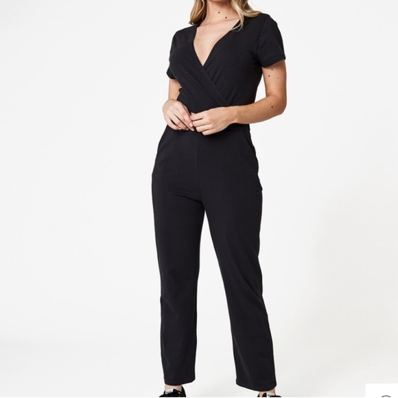 Pact Pants - Pact Organic Cotton Surplice Wrap Jumpsuit Short Sleeve V Neck Black Medium